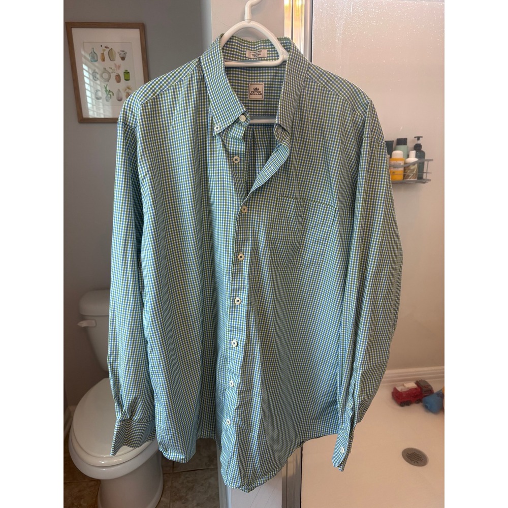 Peter Millar Men's XL Button Down Shirt Blue Green Gingham Check 100% Cotton